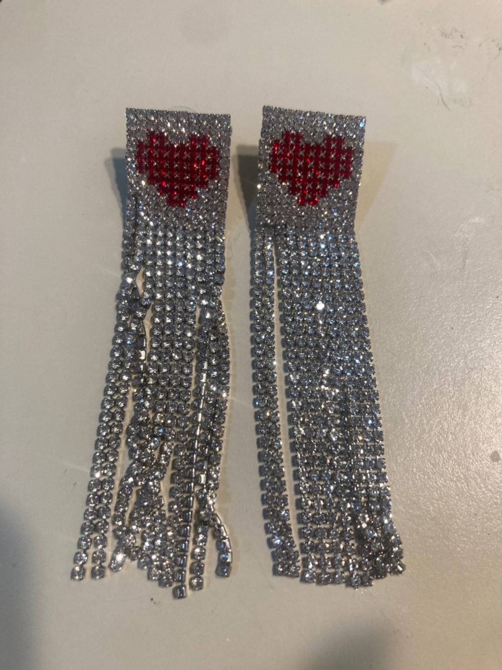 Sexy long faux heart rhinestone earrings silver toned